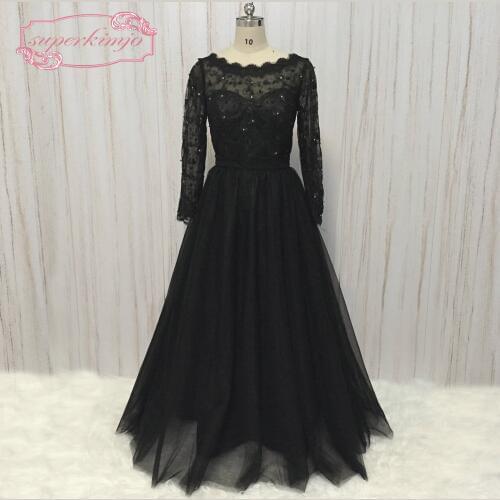SuperKimJo Detachable Skirt Evening Dresses Long Long Sleeve Black Lace Applique Rhinestones Formal Dresses Vestido De Festa
