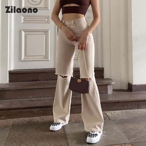 Loose Solid Full Length Jeans Pure Colour High Waisted Knee Hole Casual Trousers Street Corner Ripped Zipper Fly Straight Pants