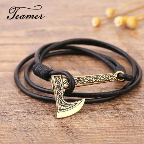 Teamer Mens Jewelry Axe Wrap Viking Bracelet Mens Leather Accessories Silver Color Hatchet Handmade Pirate Bracelet For Male