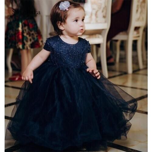 Navy Blue Puffy Tutu Baby Girls Dresses for Birthday Cap Sleeves Kids Clothes Children Birthday Party Dress Special Occasion