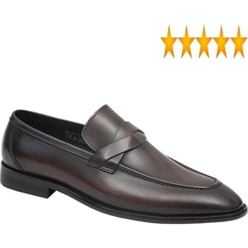 Men Toe Autumn Genuine Pointed Leather British Vintage Slip On Brown Formal Dress Brand Office Casual Shoes Male