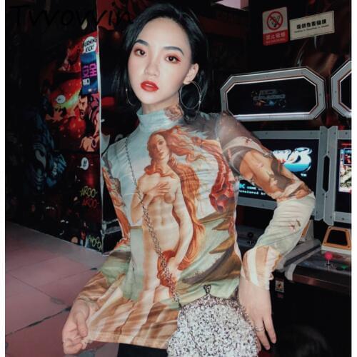 TVVOVVIN 2020 Autumn Winter New Painting Tattooing Sexy Womens Transparent Print Vintage Woman Tops Shirt Girl Blouse H827