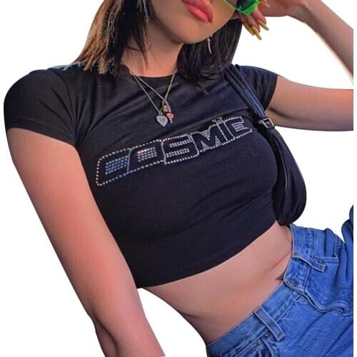 Women Summer Y2K Short Sleeve Crop Top Shiny Hot Drill Rhinestone Cosmic Letter T-Shirt Navel Slim Vest Club Streetwear