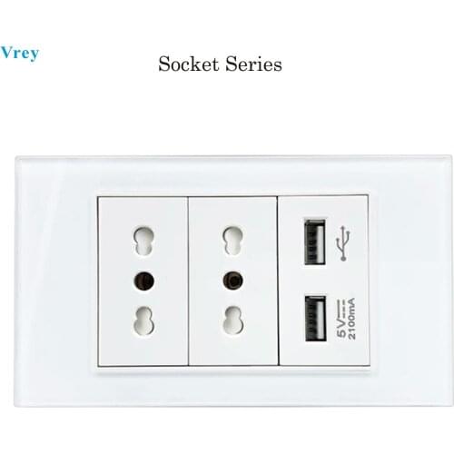 VREY Italy Chile standard dual power socket 14A dual USB2.1A charging port, luxurious tempered glass panel
