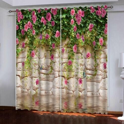 Fashion Custom 3d Red rose on the shore stones Windows Curtains for Living Room Bedroom Decorative Kitchen Curtain Drapes