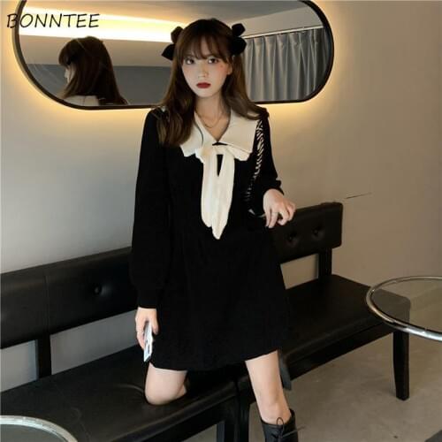 Dresses Women Turn Down Collar Leisure Patchwork All-match Korean Style High Street Female Long Sleeve Sweet Mujer De Moda Cozy