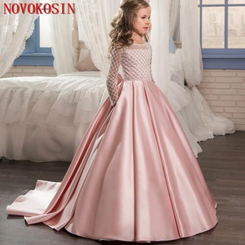 2020 Tutu A Line Flower Girl Dresses Embroidered Tulle Sequin Top Princess Satin Long Sleeves Birthday Party Dress With Train