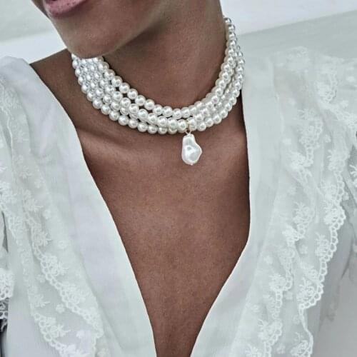 2021 Trend Elegant Jewelry Multi-layer Big Pearl Choker Pendant Necklace For Women Wedding Fashion Necklace Wholesale X056