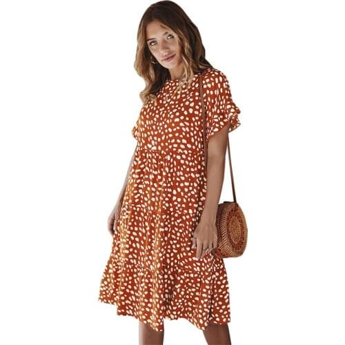 2021 New Midi Dress Female Fashions Polka Dot Print Short Sleeve O-neck Women Dresses Bohemian Casual Beach Holiday Sundress