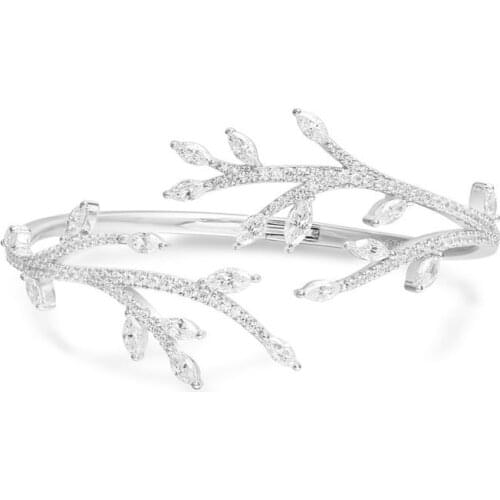 SLJELY May Series 925 Sterling Silver Festival Leaf Open Cuff Zirconia Stones Tree Branch Bangle Bracelet Women Luxury Jewelry