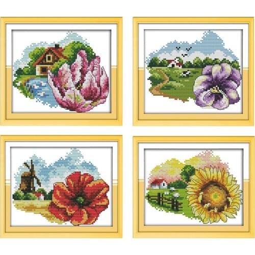 Four Season Flowers Cross Stitch Flower Plant Embroidery Kits Stamped Cross Stitch 14CT 11CT Embroidery Handmade Needlework Sets
