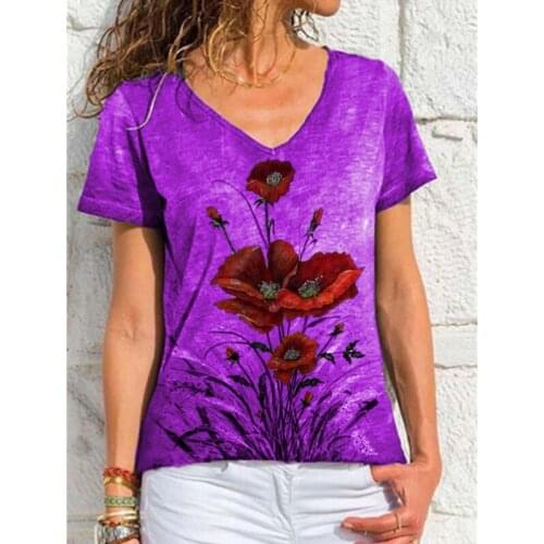 Summer Hot Style V Neck Flowers Print Women T Shirts Short Sleeve Fashion Slim Lightweight Pullover ladies Clothes Long Shirt