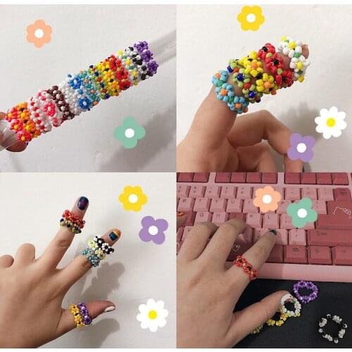 Fresh Wind Colored Small Flower Ring Korean Version of Simple Personality Joint Ring Hand-woven Cute and Interesting Ring