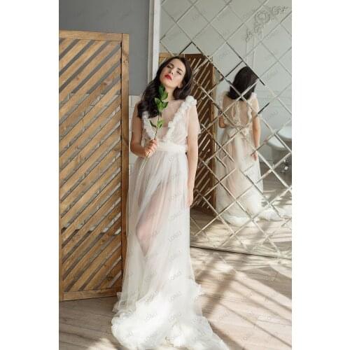 Lo&Li Illusion Bathrobe Custom Made Off Shoulder Polka Dot Nightgown Button Front Pajamas Sleepwear Soft Net