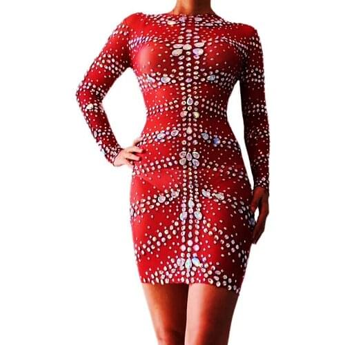 Red Mesh Gauze Mini Dresses Rhinestones Long Sleeve Above Knee Dress Shiny Costume Women Party Evening Costume Nightclub Outfit