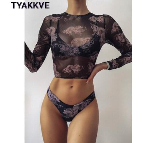 2021 New Sexy 3 Piece Swimsuit Women Print Push Up Biquini Brazilian Summer Bathing Suit Long Sleeve Thong Mirco Bikini Swimwear