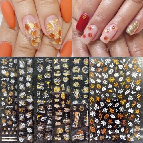 1pc Summer Laser Nail Decals Stickers Gold Black White Leaf Flower Manicuring Foils Geometric Slider 3D Nail Art Adhesive Decal