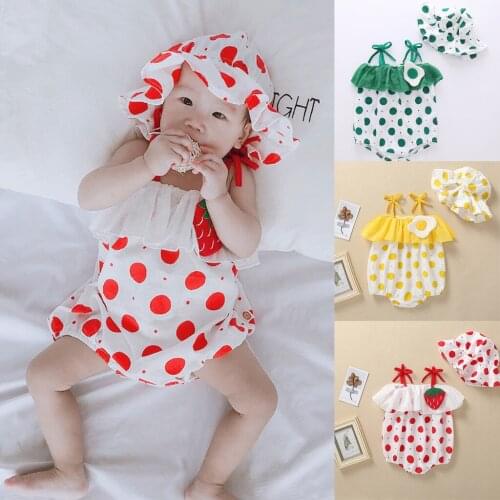 Summer Baby Girl Romper Newborn Infant Baby Girls Straps Ruffled Dot Print Romper Sunsuit Hat Bodysuit Toddler Clothing Sets