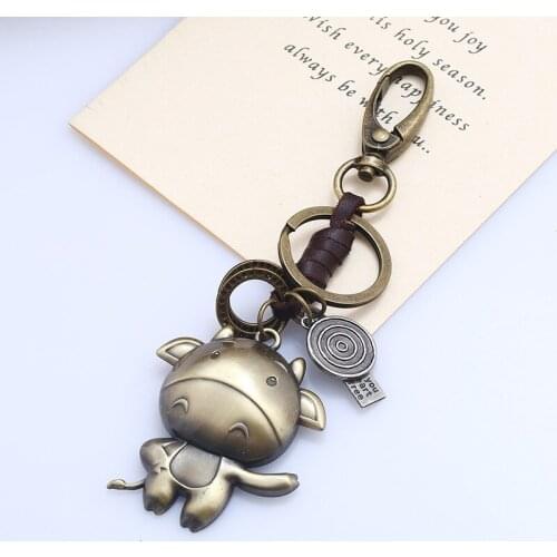 Cartoon 12 Zodiac Keychain Leather Key Pendant Retro Hand-woven Couple Fashion Accessories Friends Gift