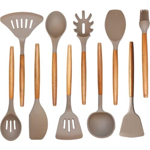Silicone Kitchenware Set Cooking Spatula Spoon Acacia Wooden Handle Cookware Spatula High Temperature Resistance EL