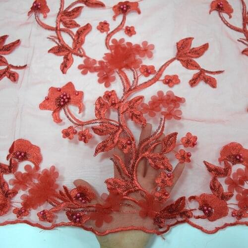 Nigerian Red 3d Flower African Fabrics Bridal Appliques Lace With Pearls and Sequins HY0631