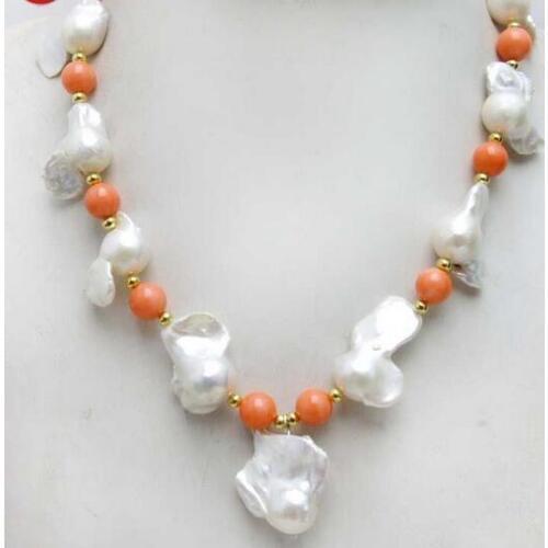 20-35mm Baroque White Nuclear Pearl Chokers Necklace for Women & Pink Coral 17