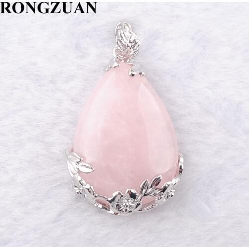 RONGZUAN Natural Stone Pendant Teardrop Pink Rose Quartzs Love Beads Reiki Chakra Healing Pendant Necklace Chain Jewelry TN3470