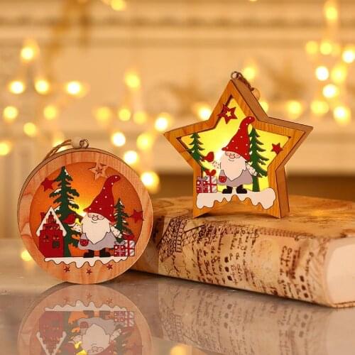 Christmas Lights Forest Old Man Wooden Luminous Pendant Christmas Tree Ornaments Round Five-pointed Star Holiday Night Lights