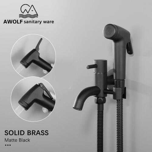 Toilet Shattaf Faucet Hand Held Bidet Sprayer Douche Kit Dual Control Valve Spout Modern Bathroom Matte Black Bidets AP2172