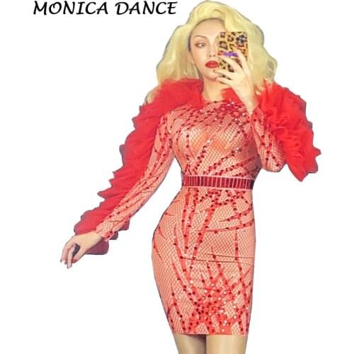 Women Sexy Stage Red Sequin Rhinestone lace sleeve Short Dress Women Dancer Spandex Outfit Birthday Celebrate Party Dress