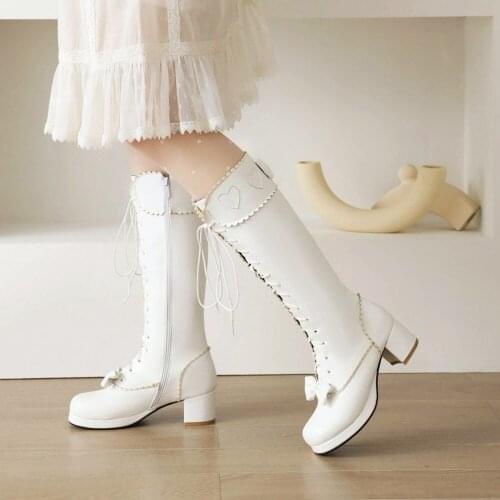 Womens Platform Knee Thigh Boots Block Heel BowKnot Heart Lace Up Lolita Sweet Shoes Warm Winter Plus Size Pink Black New 2022