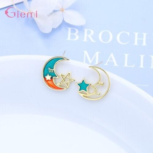 Exquisite Colorful Star Moon Stud Earrings For Women Gir Temperament Geometric Earrings Statement Female Jewelry Party Gifts