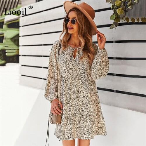 Liooil Leopard Print Dress V Neck Bandage Button Long Sleeve Short Dresses 2021 Autumn Winter Elegant Casual Womens Dresses