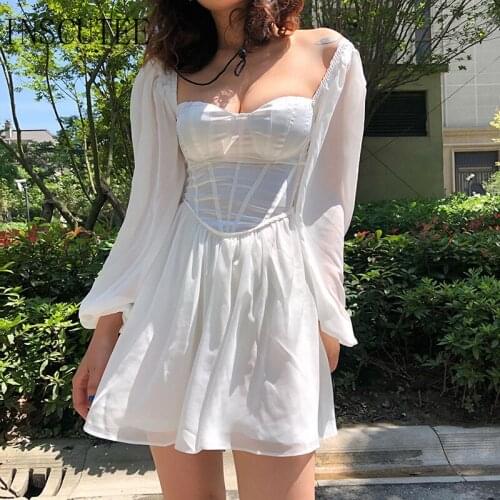 Inscutee Fairycore Y2k White Dress Women Streetwear Vintage E-girl Emo Alt Puff Sleeve Corset Dress Aesthetic Autumn Partywear