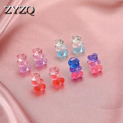 ZYZQ Sweet Transparent Bear Stud Earrings For Women Simple Candy Color Resin Simulation Earrings Fashion Exquisite Gift Jewelry