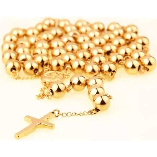 10mm Gold Color Stainless Steel Beads Rosaries Metal Rosary Round Beads Necklace Catholicism Prayer Religious Christmas Jewelry