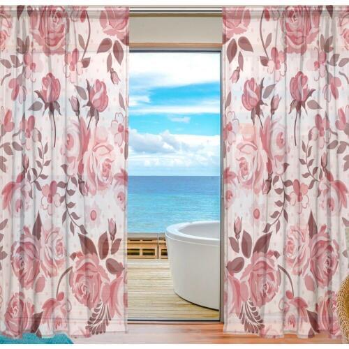 2Pcs Pastoral Modern Flower Design European Duplex Printing Tulle for Living Bedroom Roses Curtains Transparent Sheer Curtain