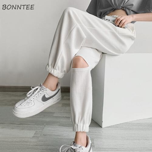 Pants Women Hole Loose Solid All-match Harem Trousers Drawstring Casual College Korean Style Fashion Daily Streetwear Vintage