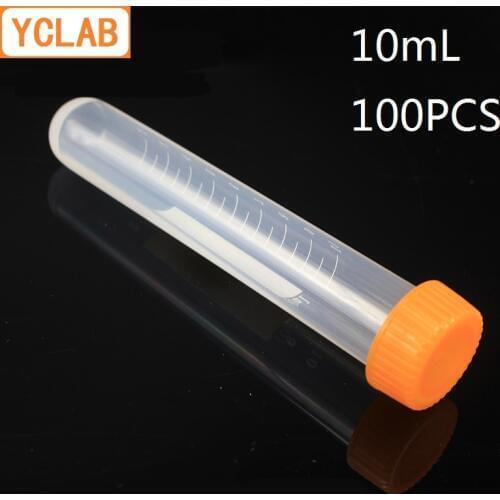 YCLAB 100PCS 10mL Centrifuge Tube EP Plastic Round Bottom Screw Mouth with Yellow Lid and Graduation Ethylene Propylene