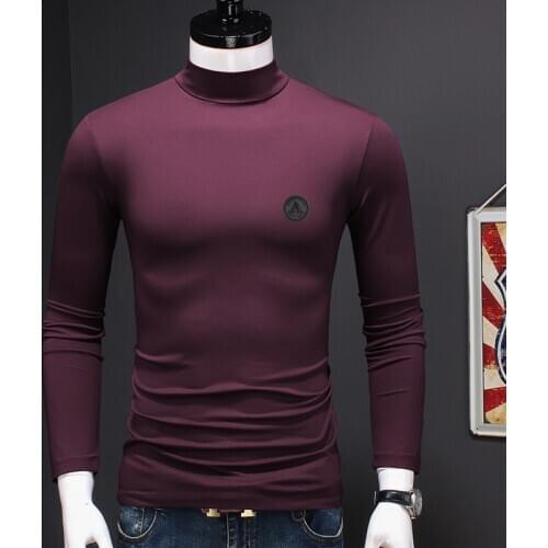 Embroider Badge Long Sleeve T-shirt Autumn Mens Clothes Cotton Modal T Shirt Winter Half Turtleneck Velvet Thermal Tshirt