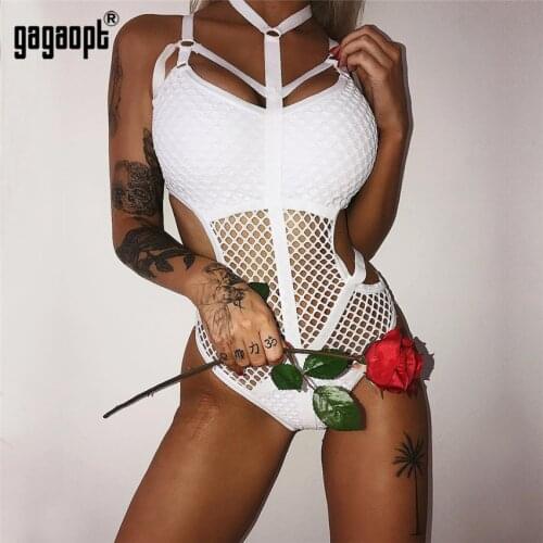 Gagaopt 2021 New Color Lace Bodysuit Women Body Bandage Patchwork Mesh Bodysuit Black Halter Sexy Club Jumpsuit Overalls