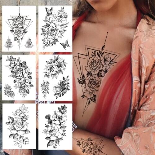 Geometric Flower Temporary Tattoos For Women Girls Peony Butterfly Rose Tattoo Sticker Black Fake Triangle Big Tatoos Chest Arm