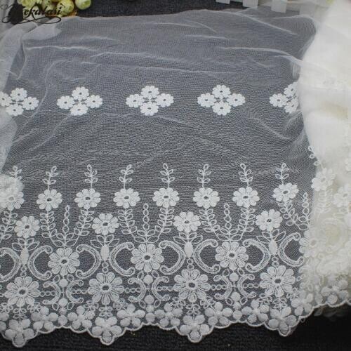 YACKALASI Cotton Lace Tulle Embroidered Applique Soft Mesh Lace Fabrics 3D Floral Scalloped Sewing Apparel Trims Vintage 40CM