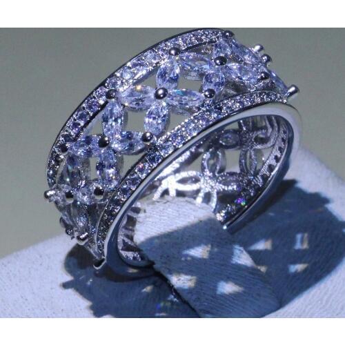 Classical Sparkling Fashion Jewelry 925 Sterling Silver Marquise AAA Cubic Zirconia CZ Eternity Engagement Band Flower Ring Gift