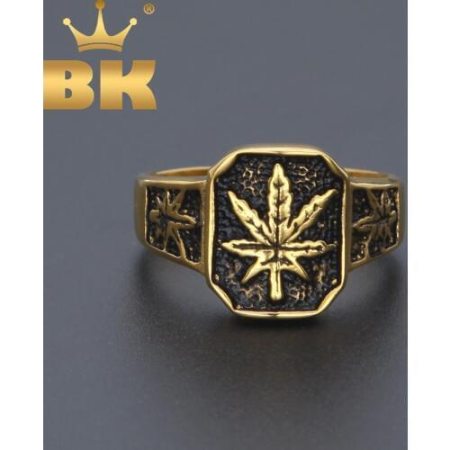 316L Stainless Steel Hot Vintage Yellow Gold Color Herb Mens Hiphop Ring Pot Leaf Herb Weed Ring Size 8-12 High Quality