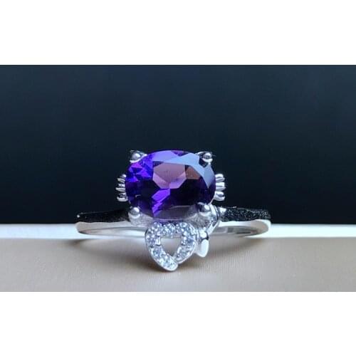 925 Silver Amethyst ladys ring cartoon style kitten cute new style