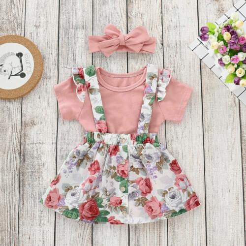 0-24M Baby Girl Clothes Set Toddler Baby Girl Summer Pink Tops Romper Floral Skirt Outfits Summer Clothes