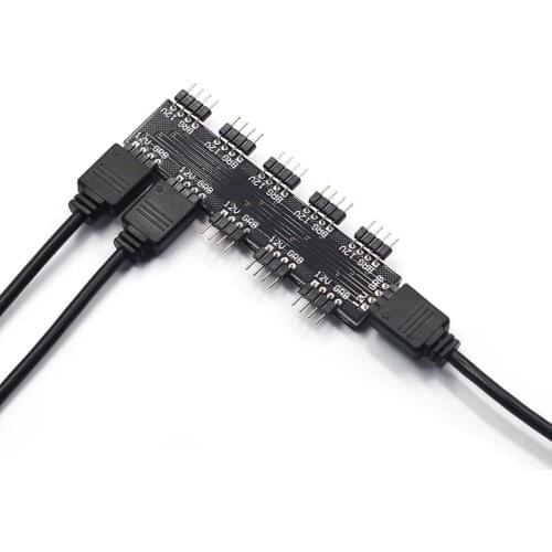 12V 1 to 10 Way 4Pin PC CPU RGB Cooling Fan Controller Adapter Hub with Cable Cooling fan hub