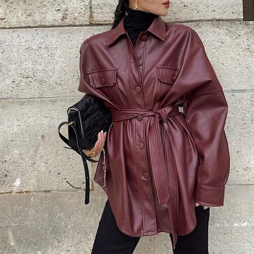 Women Fashion Retro Plus Belt PU Artificial Leather Jacket Female Locomotive Single Breasted Mid-length Biker Jacket Spring New