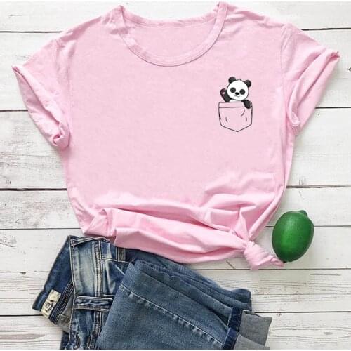Cute Pocket Panda Pattern Women Tshirt Short Sleeve Camiseta Mujer Casual Vintage T-shirt Women Kawaii Clothes T Shirt Women